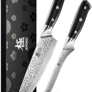 KYOKU Shogun Gin 2pc Japanese Kitchen Knife Set, 7" Boning & 8" Chef Knives, Sharp Damascus Stainless Steel with Silver