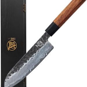 MITSUMOTO SAKARI Santoku Chef Knife 7 inch - Hand Forged Japanese Kitchen Knife for Professional Chefs - High Carbon 9CR