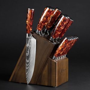 SENKEN 16-Piece Japanese Chef's Knife Set - Natural Acacia Wood Block with Laser Damascus Pattern, Ideal for Home Cooks