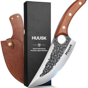 Huusk Japan Kitchen Knife - Upgraded Viking Butcher Knife with Sheath, Hand Forged Quality for Meat Cutting, Sharp Chef