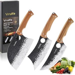 3 PCS Premium Butcher Knife Set (Serbian, Meat Cleaver, Viking) - Hand Forged Stainless Steel Blades, Ergonomic Wooden H