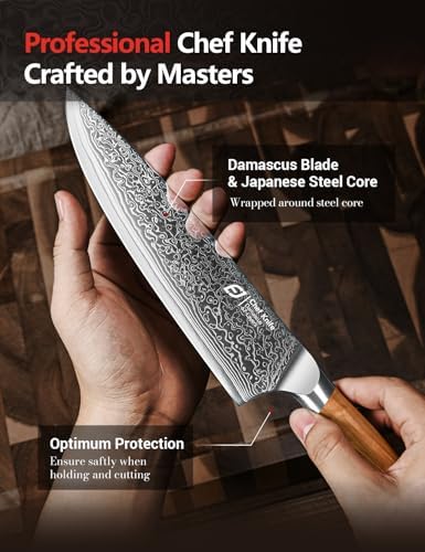 Damascus Chef Knife | 67-Layers Japanese Steel Kitchen Knife | For Home Cooking Enthusiasts | Premium Olive Wood Handle