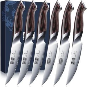 HOSHANHO Steak Knives Set - Ultra Sharp |5 Inch Serrated - Japanese High Carbon Steel - Ergonomic Handle - Perfect for S