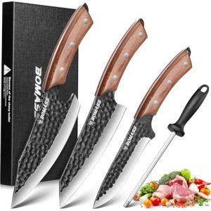 Hand Forged Japanese Knife Set - 3Pcs High Carbon Kitchen Knives for Home Cooking, BBQ & Outdoor - Includes Butcher, San