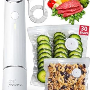 Chef Preserve Compact Vacuum Sealer Machine for Food Storage - Powerful Handheld, Portable with 30 Reusable Bags - Meal