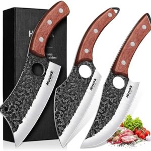 Huusk Butcher Knife Set of 3 - Hand Forged Heavy-Duty Japanese Kitchen Knives for Meat Cutting & BBQ - Viking Cleaver &