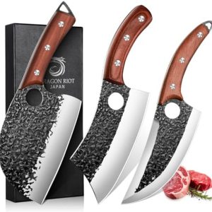 DRAGON RIOT Professional Butcher Knife Set - 3Pcs Hand Forged High Carbon Steel Serbian Cleaver Chef Knife Set for Meat